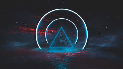 Futuristic fantasy night landscape with abstract landscape and island, moonlight, radiance, moon, neon. Dark natural scene with light reflection in water. Neon space galaxy portal. 3D illustration. 