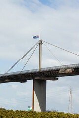 Westgate Bridge in Melbourne Australia with flag at half mast due to the death of Prince Philip, Duke of Edinburgh.