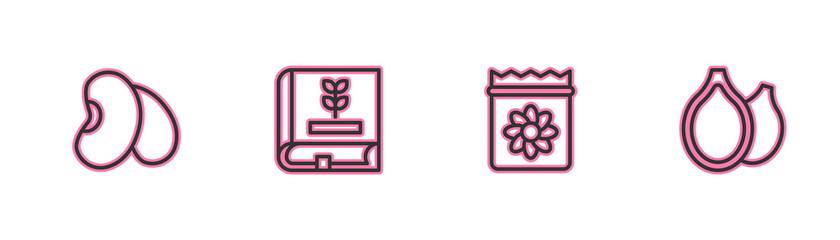 Set line Beans, Pack full of seeds of plant, Book about and Pumpkin icon. Vector