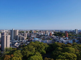 Fototapeta na wymiar ドローンで空撮した名古屋市の町並みの風景