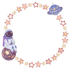 Wreath from a set of watercolor illustrations of pink stars, an astronaut sitting on the planet who controls a flying UFO in blue, purple, red, cream colors isolated on a white background