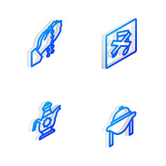 Set Isometric line Speaker mute, Hands in praying position, Islamic teapot and Table food icon. Vector