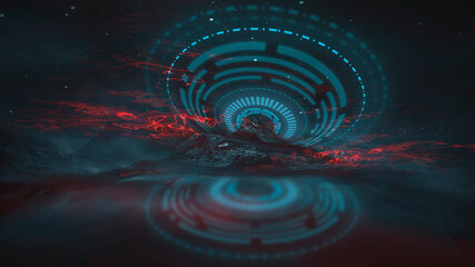 Futuristic fantasy night landscape with abstract landscape and island, moonlight, radiance, moon, neon. Dark natural scene with light reflection in water. Neon space galaxy portal. 3D illustration. 