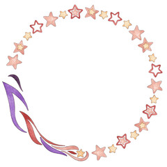 Wreath from a set of watercolor illustrations of red, pink, cream stars and comet in a retro style isolated on a white background