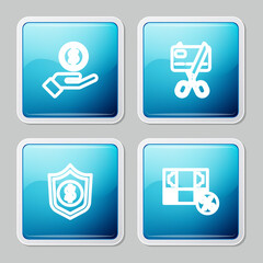 Set line Hand giving money, Scissors cutting credit card, Shield with dollar and Money percent icon. Vector