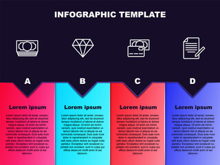 Set line Stacks paper money cash, Diamond, Credit card and Document and pen. Business infographic template. Vector