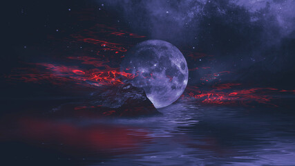 Futuristic fantasy night landscape with abstract landscape and island, moonlight, radiance, moon, neon. Dark natural scene with light reflection in water. Neon space galaxy portal. 3D illustration.  © MiaStendal