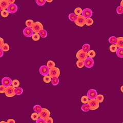 Pink orange purple floral seamless pattern. Painted flowers repeating background burgundy bordeaux. Modern Ditsy print. Seamless surface pattern design for textile, fashion, fabric, wallpaper, summer.