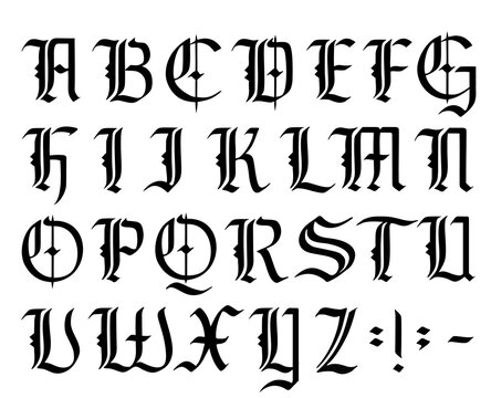 Vector modern gothic alphabet. Vintage font. Gothic Font Hand drawn vector. Typography for labels, headlines, posters etc. Calligraphy and lettering. Medieval Latin letters. Elegant font for tattoo.