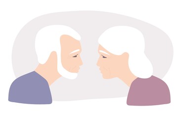 Elderly couple look at each other. Adult man and woman. Man and woman with silver hair and wrinkles. Flat vector illuctration. Caucasian couple from side. People, family, age and relationship concept
