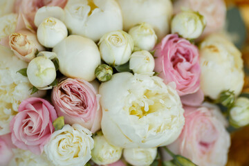 bouquet for the bride with pink peonies and eucalyptus