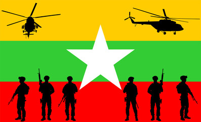 Naklejka na ściany i meble Army soldiers unit with rifles on duty over Myanmar flag vector illustration. War crisis after military coup. Civil war alert situation. Violent change of government.