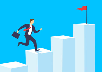 Businessman running on bar chart, Employee climb up to the top of the graph, Business concept growth and the path to success, Flat design vector illustration