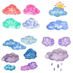Watercolor set of colorful cartoon children clouds isolated on white background