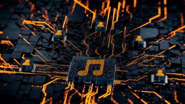 Audio Technology Concept with music symbol on a Microchip. Orange Neon Data flows between Users and the CPU across a Futuristic Motherboard. 3D render.