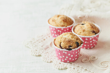 Muffins with Blueberries and Brown Sugar. Close up. Copy space. 