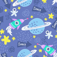 Vector seamless pattern on the theme of space. Colorful background with cartoon cosmonaut, planet, rocket, stars. Flat art for use in design