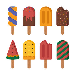 Ice cream collection. Colorful bright ice cream for children. Stock illustration. Summer dessert snacks collection. Sweet design elements, isolated on white background.