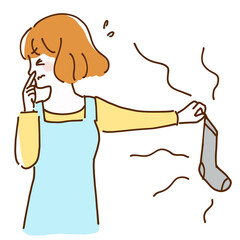 臭い靴下を持つ若い女性の主婦の線画イラスト