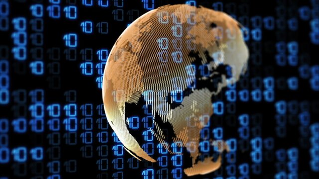 Technology  background with digital Numbers Blinking in 3D Layers and Rows and globe rotating with DOF - Powered by Adobe