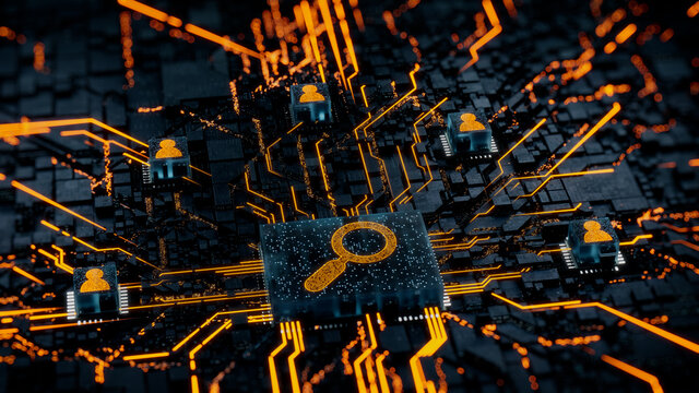 Search Technology Concept with Magnifier symbol on a Microchip. Orange Neon Data flows between Users and the CPU across a Futuristic Motherboard. 3D render.