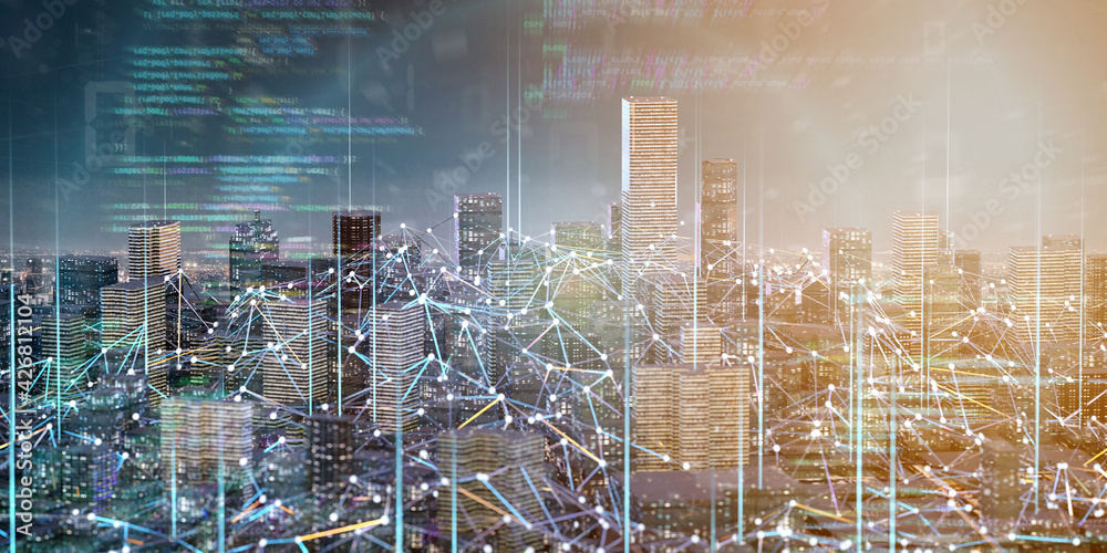 Poster smart city with network and communication connection - 3d rendering