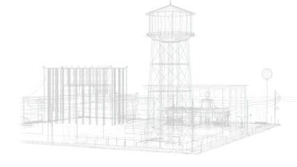 3d rendering - wire frame model of industrial buildings and outline oil tank drawing