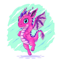 Colorful illustration of a cartoon dragon hovering in the air. Positive and unique design. Children's bright illustration. Use the product for printing on clothing, accessories, party decorations, lab