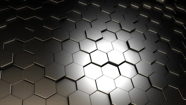 4k 3D abstract background animation hexagon metal elements surface geometric pattern moving loop. Great for ads, technical, industrial, scientific, sci-fi illustrations, etc.