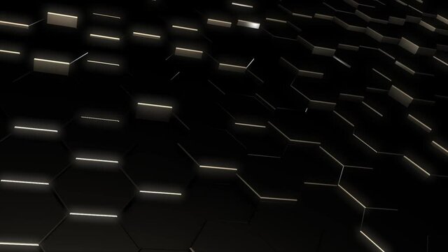 4k 3D abstract background animation hexagon metal elements surface geometric pattern moving loop. Great for ads, technical, industrial, scientific, sci-fi illustrations, etc.