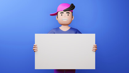 Happy man with blank screen, empty board, 3d rendering.