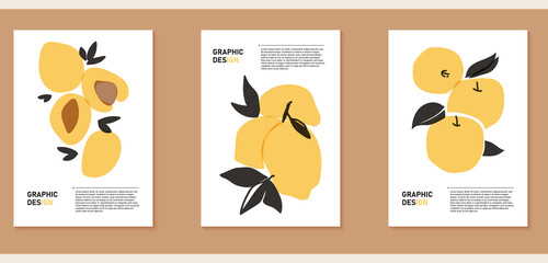 A set of three abstract backgrounds. Collage of fruits close-up. Bright vintage aged illustration with peach, apple, lemon. Vegan posters for grocery advertising, social media, cover design, web.