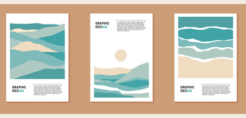 Set of three natural minimalist backgrounds. Hand-drawn illustrations with mountain and sea landscape for  for wall decoration, postcard or brochure, cover design, stories, social media, app design.