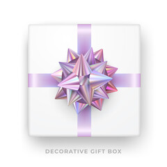 Decorative white gift box with hologram bow and ribbon isolated on white background. Top view. Vector
