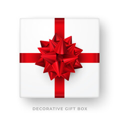 Decorative white gift box with red bow and ribbon isolated on white background. Top view. Vector