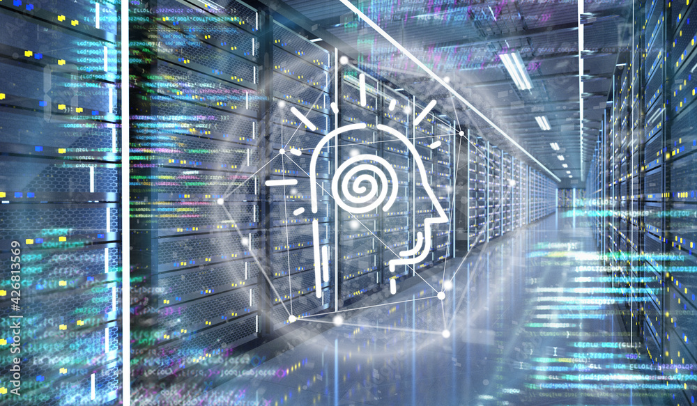 Poster artificial intelligence icon in a server room data center - 3d rendering