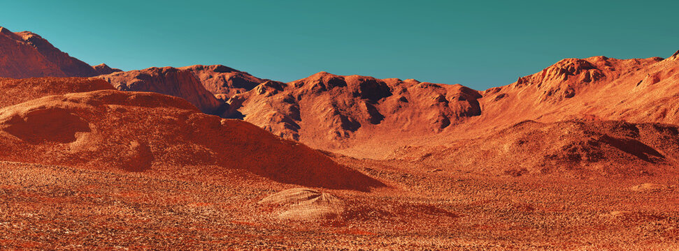 Mars Landscape, 3d Render Of Imaginary Mars Planet Terrain, Science Fiction Illustration.