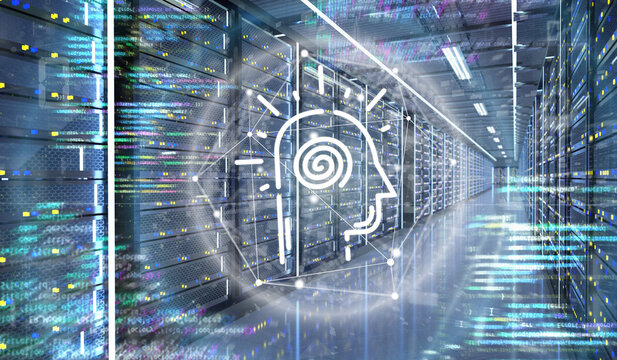 Artificial intelligence icon in a Server room data center - 3d rendering