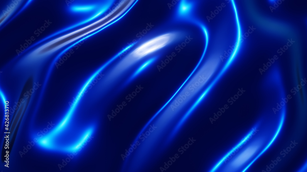 Wall mural blue chrome metal texture with waves, liquid metallic silk wavy design, 3d render illustration.