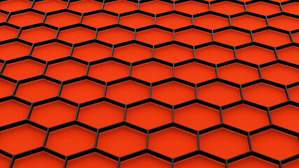 Background with 3D hexagons pattern, honeycomb structure on orange  background, 3D technology interesting texture render illustration.