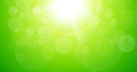 Sun with lens flare and bokeh of lights, summer or spring natural green background as nature hot sunny day, vector illustration.