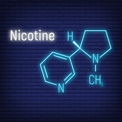 Nicotine concept glow neon style chemical formula icon label, text font vector illustration, isolated on wall background. Periodic element table.