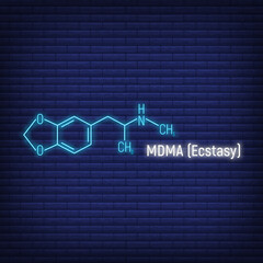 MDMA ecstasy glow neon style concept chemical formula icon label, text font vector illustration, isolated on wall background. Periodic element table. - obrazy, fototapety, plakaty