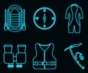 Concept neon glow style tourism equipment rafting and tourism icon collection, swimming suit web element, vector illustration, isolated black brick wall background.