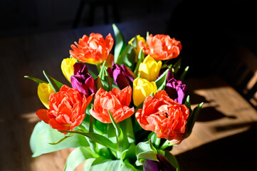 bouquet of colorful tulips in sunlight indoors