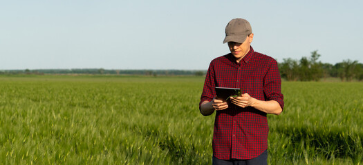 Farmer with digital tablet on a rye field. Smart farming and digital transformation in agriculture.	
