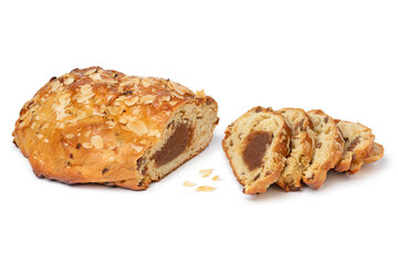 Traditional Dutch homemade easter bread and slices stuffed with almond paste,cinnamon and almonds isolated on white background 
