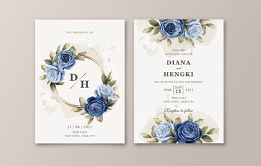 Watercolor navy floral and leaves wedding invitation card template
