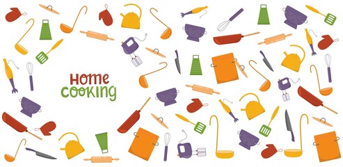 Home cooking hand written sign on banner kitchen tools, kitchenware set. Vector stock illustration isolated on white background for web site online cooking course, class certificate, diploma. EPS10
