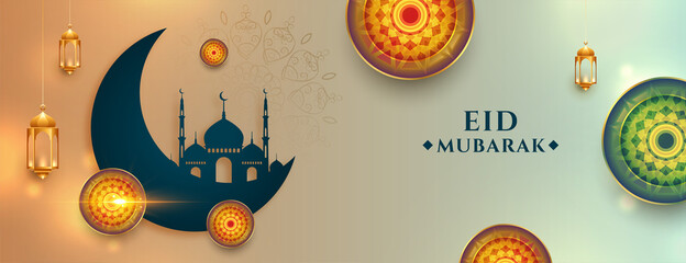 realistic eid mubarak wishes banner with arabic decoration